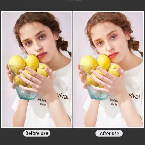 Light device with text 'Soft and beautiful' and 'Before use' vs 'After use' comparison of a person holding lemons.