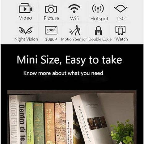 Product features with icons and text overlay on a shelf with books and a plant.
