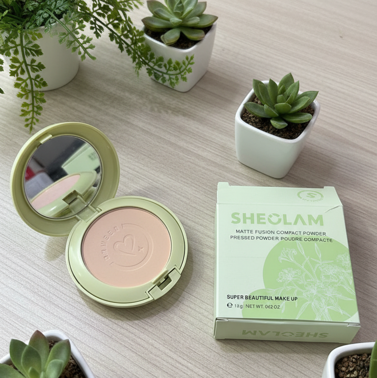 Sheolam compact powder and packaging on a table with potted plants