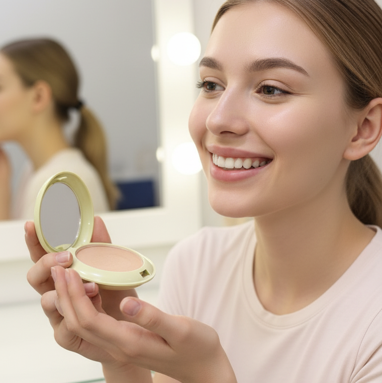 Woman applying powder from a compact mirror in a bathroom setting