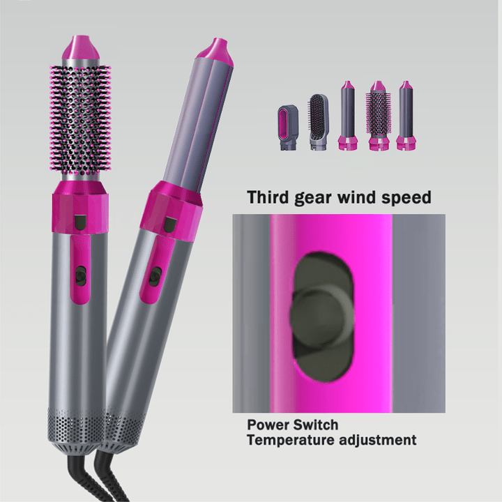 Hair styling tool with pink and gray design, featuring power switch and temperature adjustment on a light gray background.