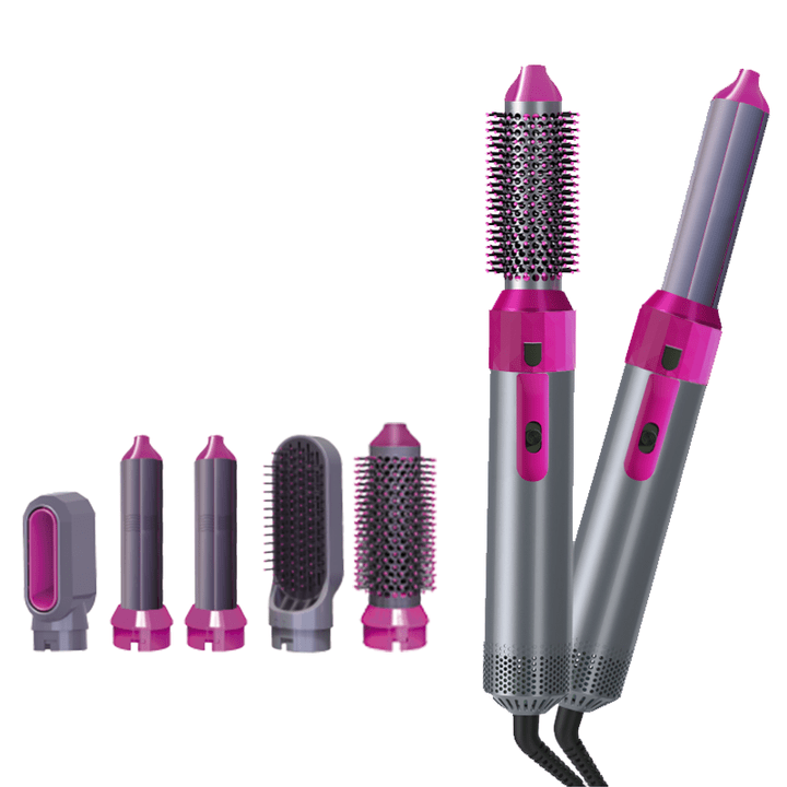 Hair styling tool with interchangeable attachments on a white background