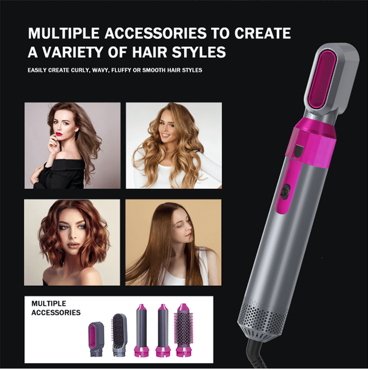 Hair styling tool with multiple accessories to create various hairstyles on a black background.