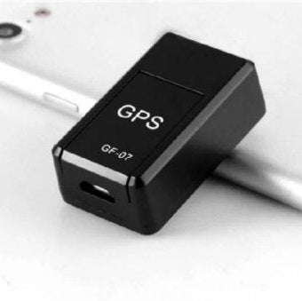 Black GPS tracker labeled GF-07 attached to a smartphone on a white background