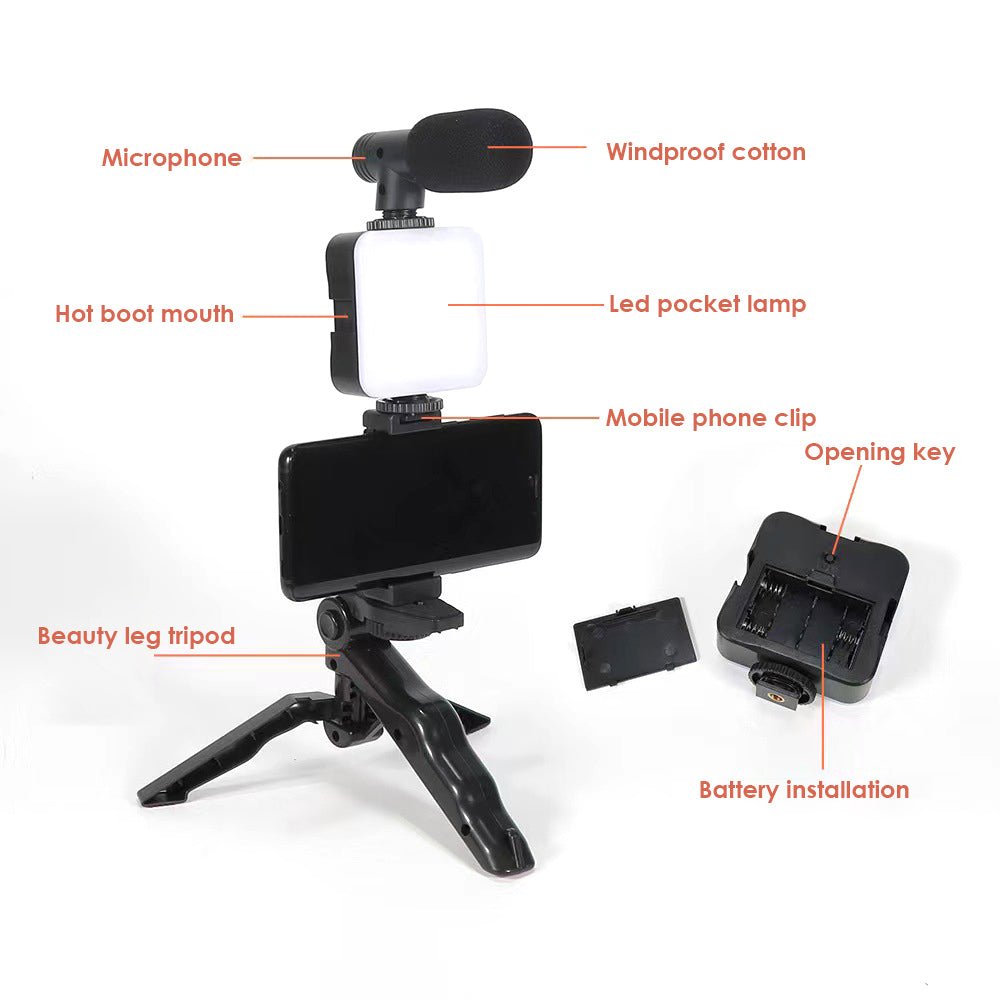 Multifunctional device with microphone, windproof cotton, LED pocket lamp, phone clip, and tripod on a white background.