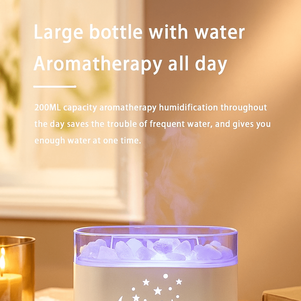 Aromatherapy humidifier on a table with text about water capacity and usage.